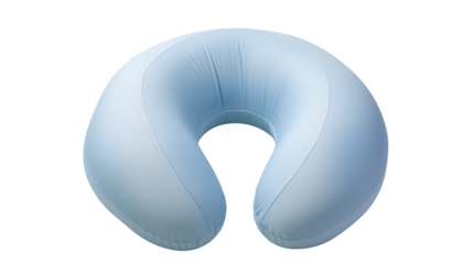 Soft blue neck pillow against a transparent background offers ergonomic support for travel comfort.