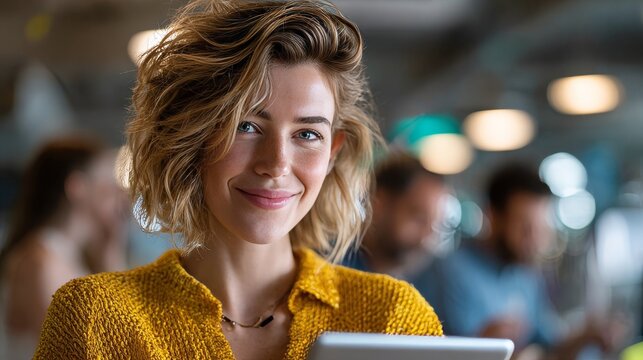 Empowered businesswoman in professional space tablet use and digital experience