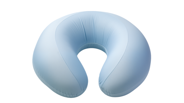 Soft blue neck pillow against a transparent background offers ergonomic support for travel comfort.