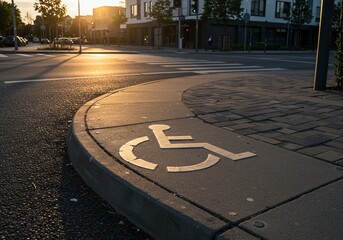 Accessible city sidewalk with disability symbol at pedestrian crossing during sunset