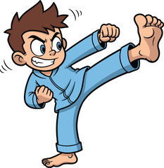 Cartoon boy doing karate kick, martial arts training, strong action pose, determined kid fighter in blue uniform, fighting pose illustration