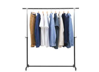 casual clothing items displayed on a rolling garment rack isolated on transparent background