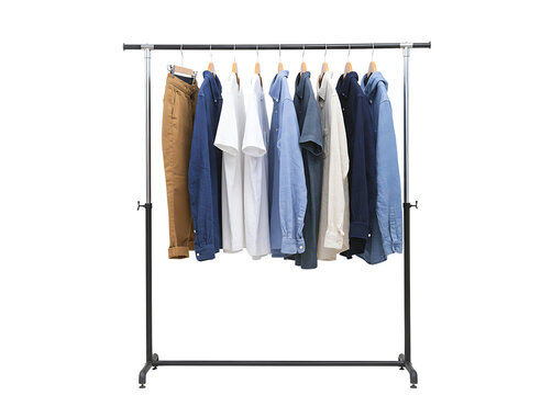 casual clothing items displayed on a rolling garment rack isolated on transparent background