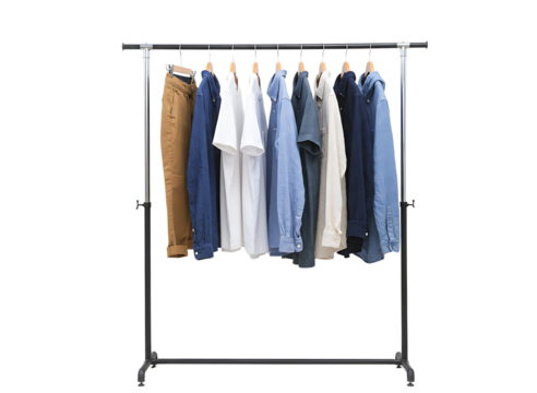 casual clothing items displayed on a rolling garment rack isolated on transparent background