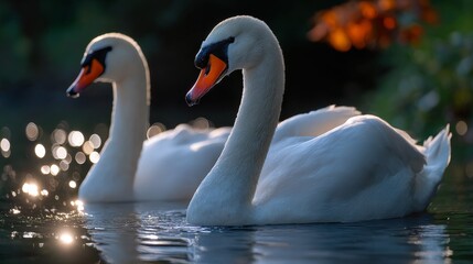 Graceful swans floating on a serene lake nature photography calm environment close-up view