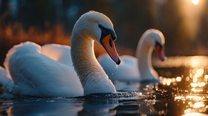 Swans swimming gracefully in sunset-reflecting pond nature scene peaceful environment