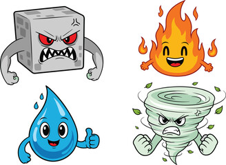 Cartoon elemental characters of fire, water, wind, earth, cute and expressive faces, fun design, educational, fantasy, children, mascot illustration