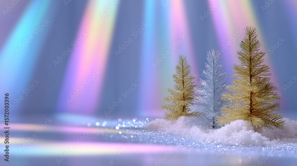Poster small decorative trees on snow with colorful light beams in the background, creating a festive and m