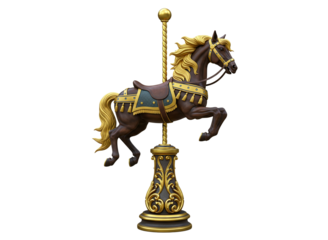 Ornate carousel horse with golden mane and decorative saddle isolated on transparent background