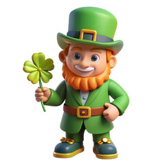 Cartoon leprechaun holding a clover on white background