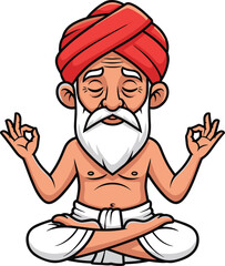 Cartoon Indian guru meditating, yoga pose illustration, spiritual character, wise monk sitting, peaceful expression, traditional attire, mindfulness, inner peace