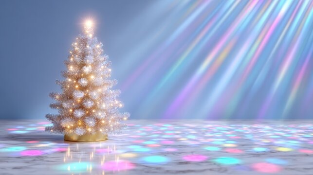 Sparkling white Christmas tree with golden base on marble surface, surrounded by colorful light reflections and pastel rainbow beams against a blue background.