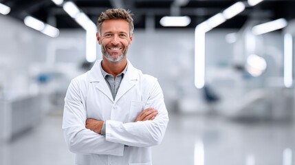Healthcare professional smiling in modern lab medical environment portrait view optimism