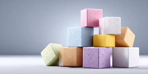 Colorful blocks stacked playfully studio setting photography soft lighting close-up playfulness