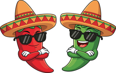 Cartoon red and green chili peppers with sombreros and sunglasses, Mexican food characters, funny spicy vegetables, cultural fiesta illustration