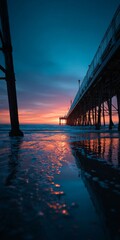 Tranquil sunset reflections at a coastal pier nature's beauty in seaside photography