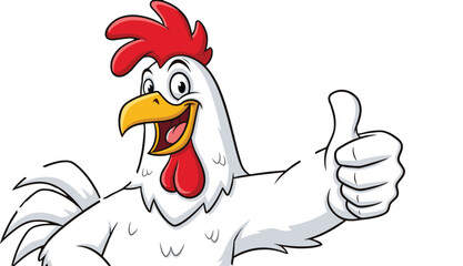 Cartoon rooster mascot illustration, happy chicken character with thumbs up, fun poultry clipart, farm animal vector design, white background