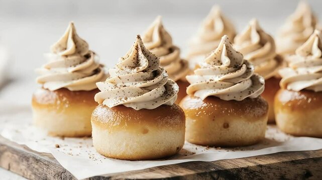 Delicious rum baba cakes with cream on a wooden board close up