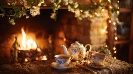 Cozy tea setting with floral china by a warm fireplace, adorned with string lights and greenery, creating a serene and inviting atmosphere.