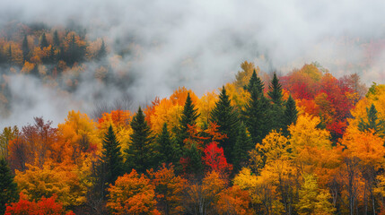 Foggy forest in early fall for wallpaper