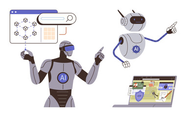 AI robots interacting with data, settings, and search interfaces alongside a laptop with cybersecurity visuals. Ideal for data analysis, AI development, cybersecurity, innovation, future technology