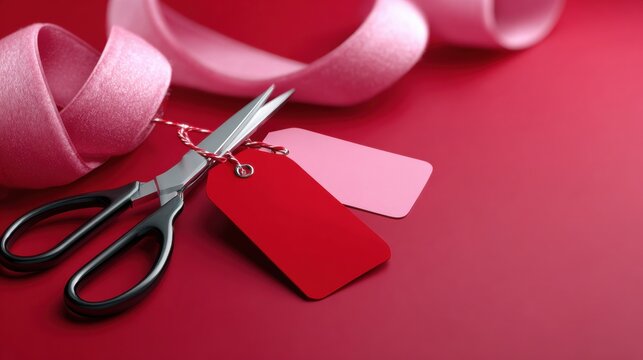 Pink ribbon, scissors, and red tags on a vibrant red background, symbolizing gift wrapping and crafting.
