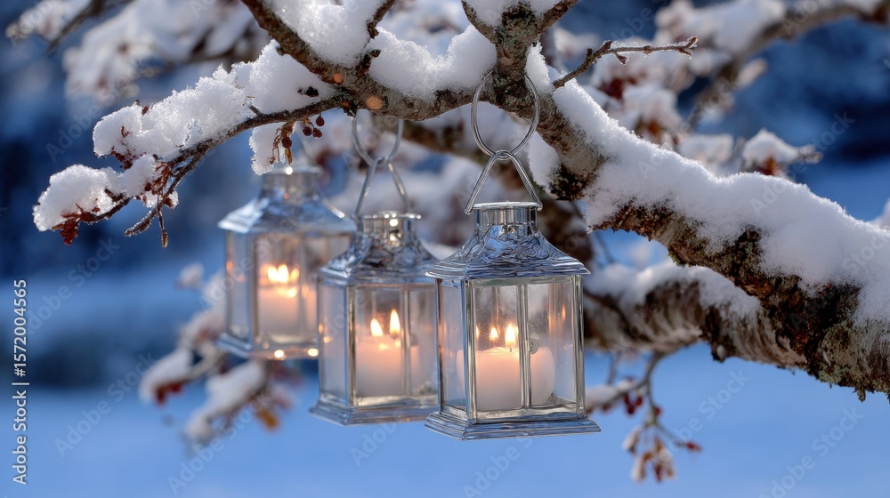 Wall mural three lanterns with lit candles hang from a snow-covered tree branch, creating a warm glow against a