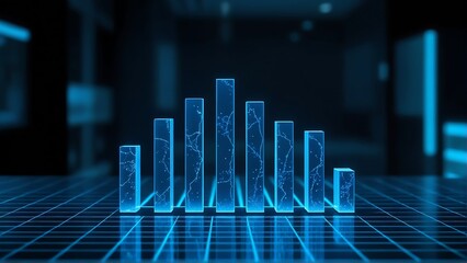 Glowing blue bar graph with intricate internal patterns on a digital grid