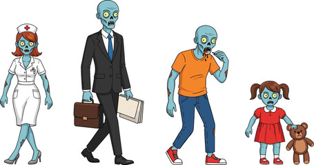 Cartoon zombie family illustration, undead nurse, businessman, child, horror characters, Halloween theme, scary infected people, walking dead concept, creepy group