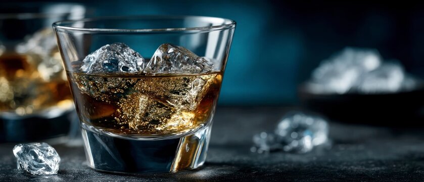 Close up of a whiskey glass filled with amber liquid and ice cubes with more ice scattered around