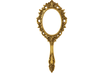 Ornate antique gold hand mirror with oval frame isolated on transparent background