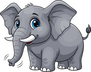 Cute cartoon baby elephant with blue eyes, big ears, happy expression, isolated on white background, vector illustration for kids