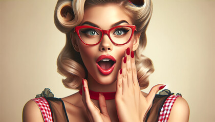A glamorous retro-style woman with bold red glasses, vintage curls, and a surprised expression poses confidently. Fashion, beauty, eyewear advertising, lifestyle. Nostalgic pop culture concepts.