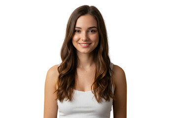 Young woman smiling confidently in a white tank top isolated on transparent background