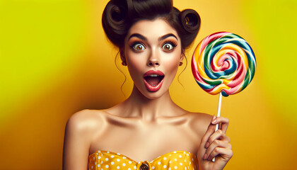 A glamorous retro-style woman with bold makeup and a surprised expression holding a colorful swirl lollipop on a vibrant yellow background. Fashion, beauty, candy, lifestyle. Pop culture.