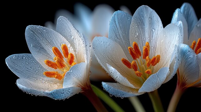 Delicate white crocus flowers with water droplets and vibrant orange stamens against a dark background