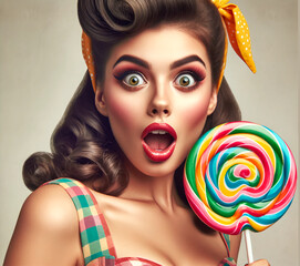 A stunning retro-style woman with vibrant makeup and a surprised expression holds a colorful lollipop. Vintage fashion, beauty, candy advertising, pop art, and playful lifestyle.