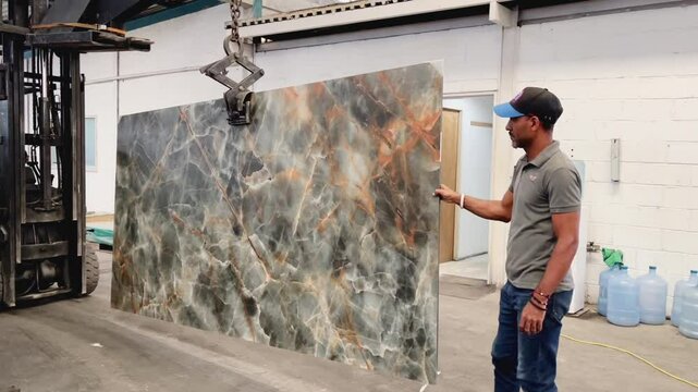 Hispanic worker presenting large polished stone slab in warehouse