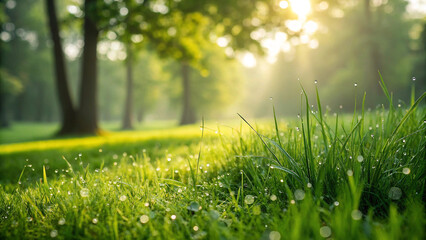 Close up view of vibrant green grass with dew drops in sunlight water