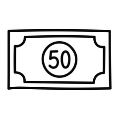 50 money bill icon. Hand-drawn doodle style symbol of banknote for finance, savings, and payment design. Vector illustration, isolated.