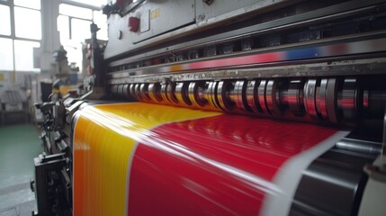 Industrial printing press in action. Colorful material moving through rollers