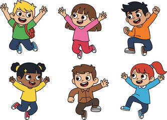 Happy cartoon kids jumping in excitement, diverse children playing together, fun school activity, energetic group, joyful expression, educational illustration