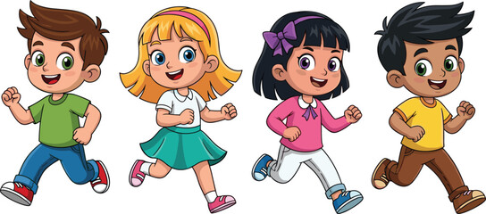 Happy cartoon kids running together, group of children exercising, cute playful characters, outdoor activity, energetic joyful motion, fun childhood moment