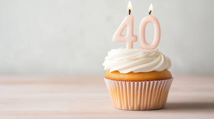 40th birthday cupcake with number candles on a light background, with copy space for text.