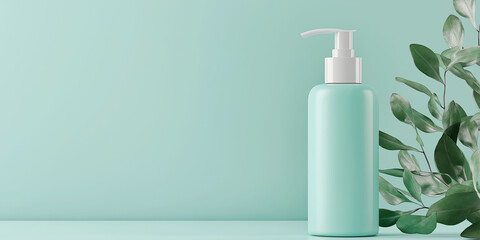 Minimalist mockup of a blank shampoo bottle standing on the right side, with eucalyptus leaves and a mint green background.