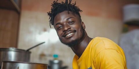 A young African American man with short dreadlocks smiles and cooks in the kitchen wearing a yellow t-shirt.