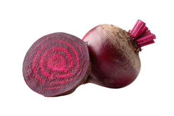 3D Render a beet with a pink top and a slice cut in half