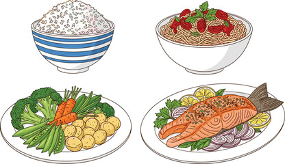 Healthy meal illustration, rice bowl, pasta with tomato, grilled salmon, steamed vegetables, clean eating concept, nutrition, gourmet food design, diet