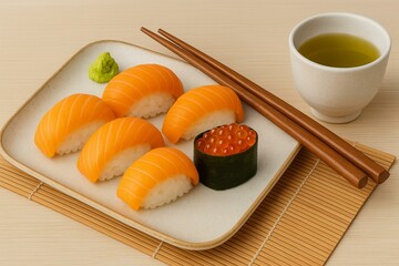 Elegant sushi plate with fresh salmon nigiri and salmon roe (ikura), served with wasabi, chopsticks, and green tea. A minimalist and refined Japanese food setting.