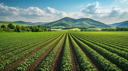 Farmland rows stretching to a mountain range under a bright sky. Possible use Stock photo